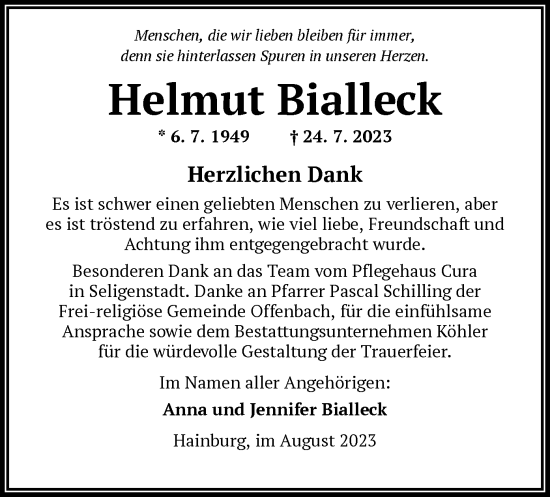 Traueranzeige von Helmut Bialleck von OF