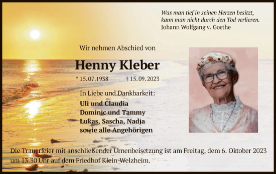 Traueranzeige von Henny Kleber von OF