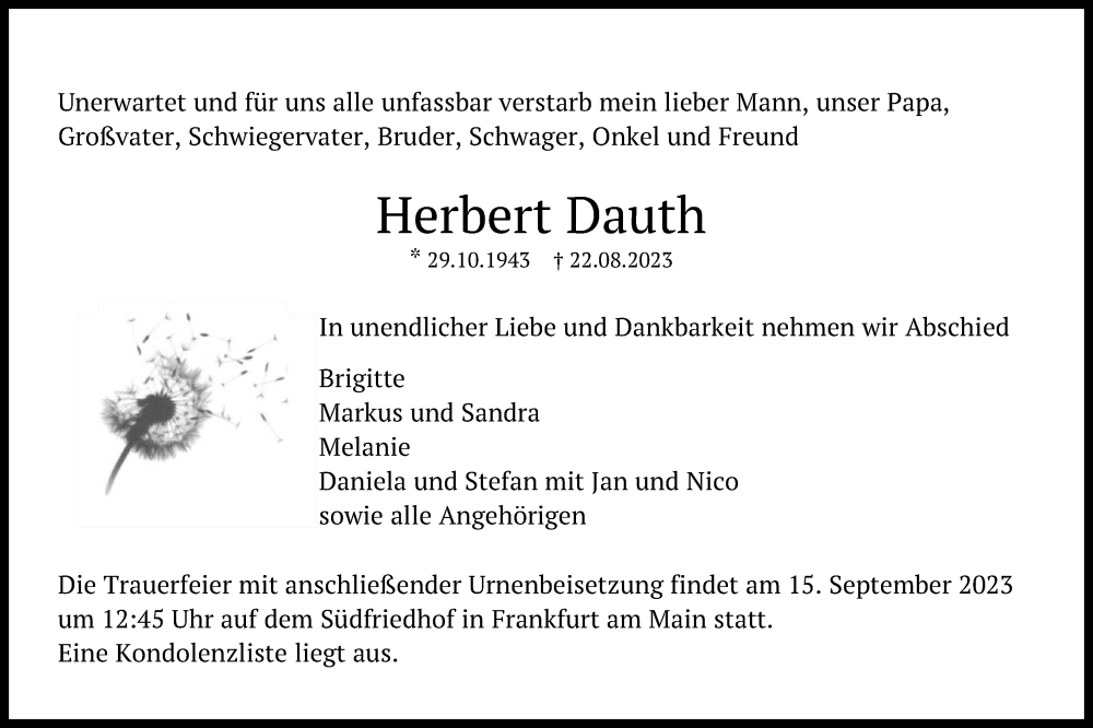  Traueranzeige für Herbert Dauth vom 07.09.2023 aus OF