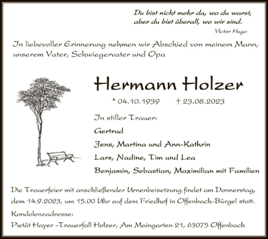 Traueranzeige von Hermann Holzer von OF