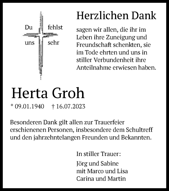 Traueranzeige von Herta Groh von OF