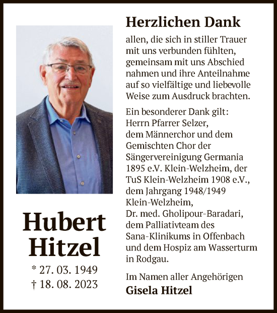 Traueranzeige von Hubert Hitzel von OF