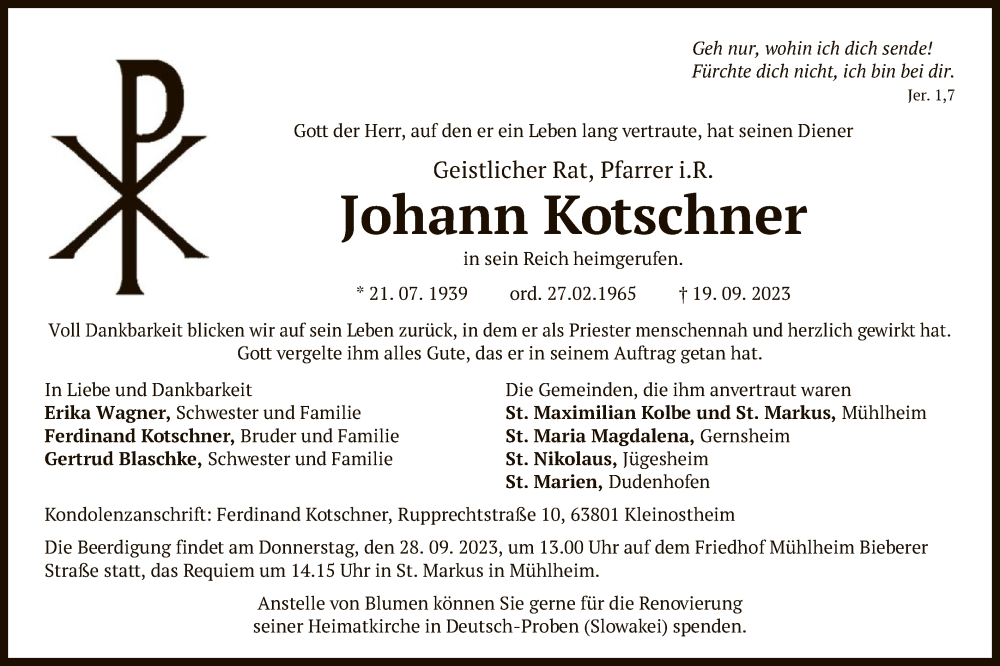  Traueranzeige für Johann Kotschner vom 23.09.2023 aus OF