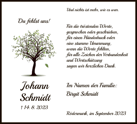 Traueranzeige von Johann Schmidt von OF