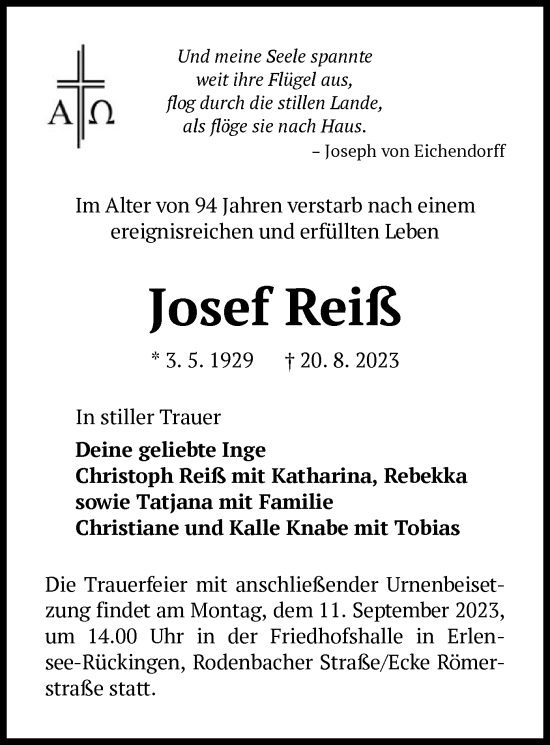 Traueranzeige von Josef Reiß von OF