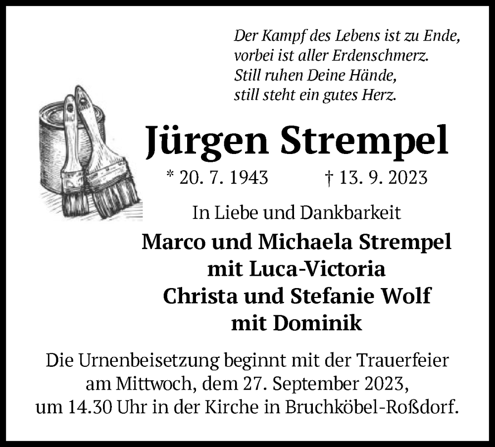  Traueranzeige für Jürgen Strempel vom 16.09.2023 aus OF