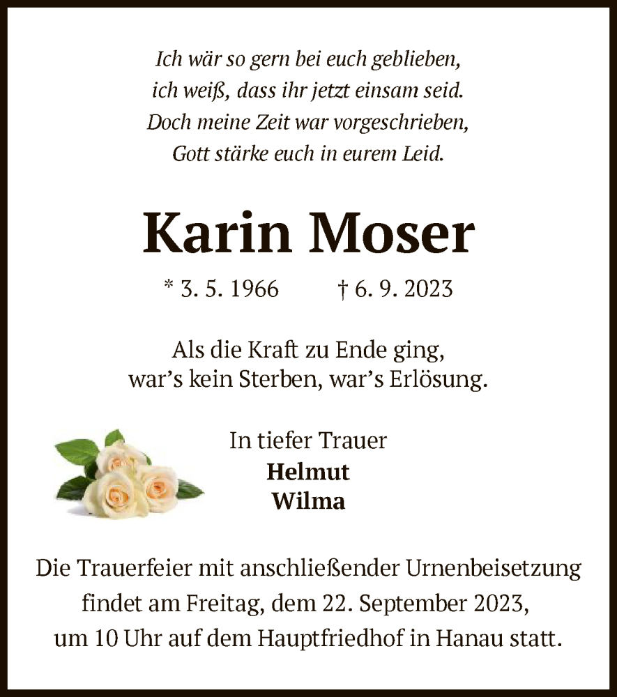  Traueranzeige für Karin Moser vom 16.09.2023 aus OF