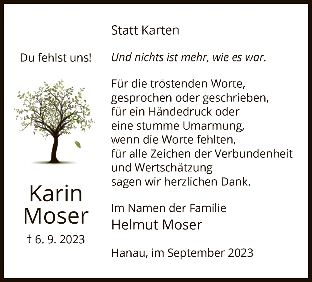  Traueranzeige für Karin Moser vom 30.09.2023 aus OF