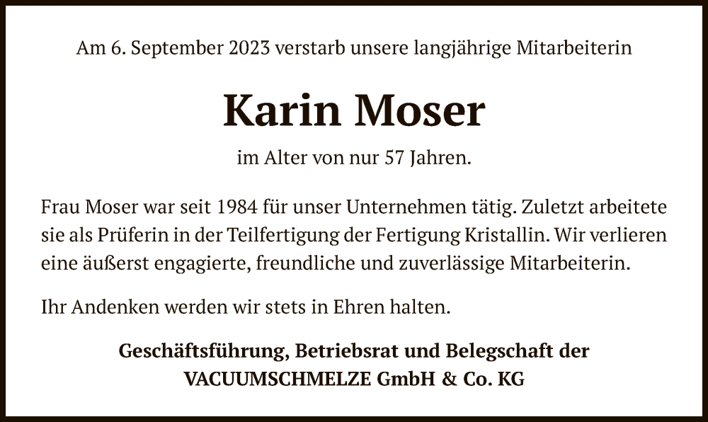  Traueranzeige für Karin Moser vom 21.09.2023 aus OF