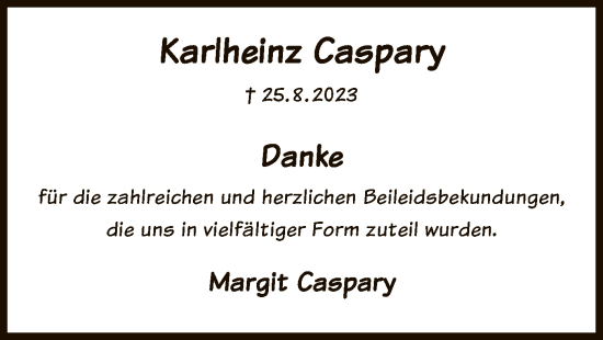 Traueranzeige von Karlheinz Caspary von OF