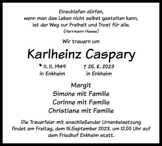 Traueranzeige von Karlheinz Caspary von OFOF