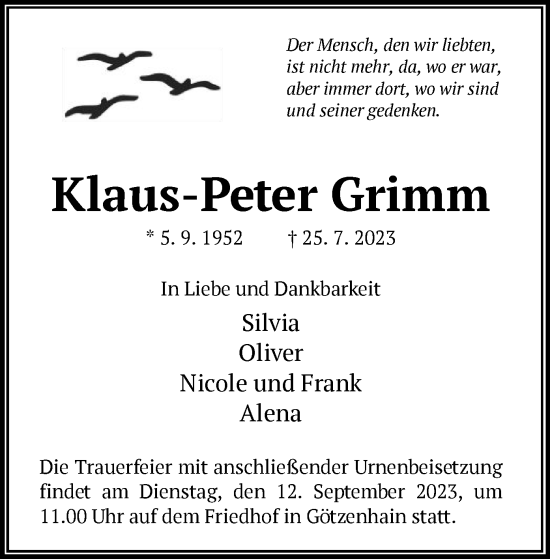 Traueranzeige von Klaus-Peter Grimm von OF