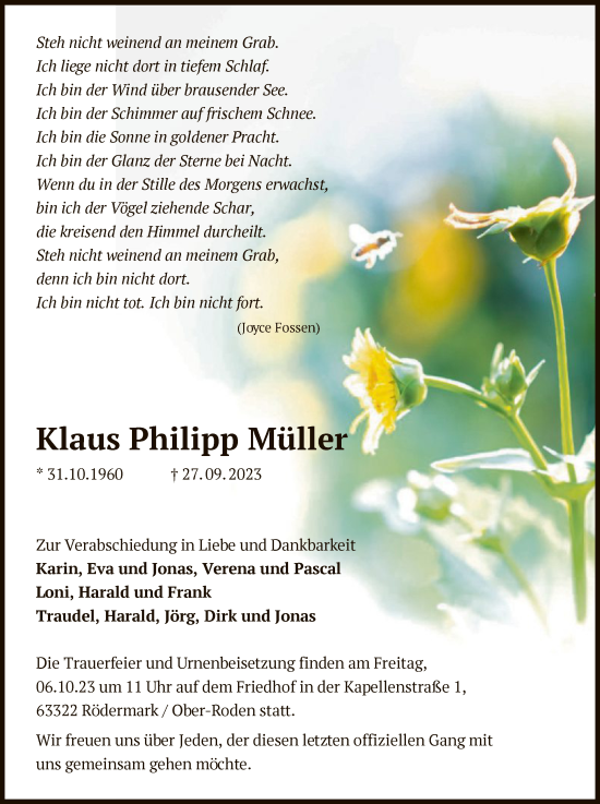 Traueranzeige von Klaus Philipp Müller von OF