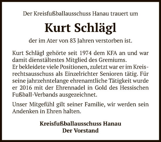 Traueranzeige von Kurt Schlägl von OF