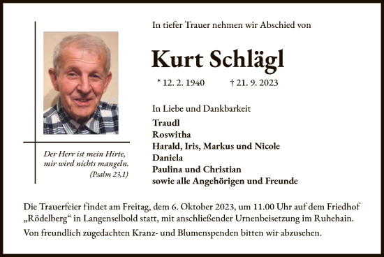 Traueranzeige von Kurt Schlägl von OF