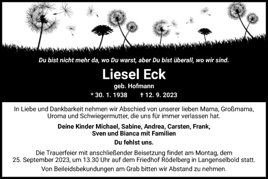 Traueranzeige von Liesel Eck von OF