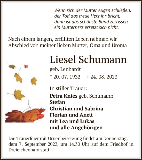 Traueranzeige von Liesel Schumann von OF