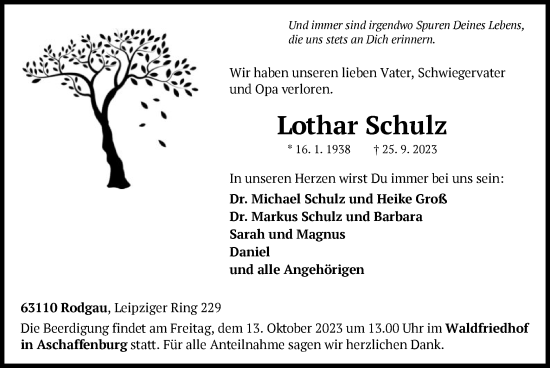Traueranzeige von Lothar Schulz von OF
