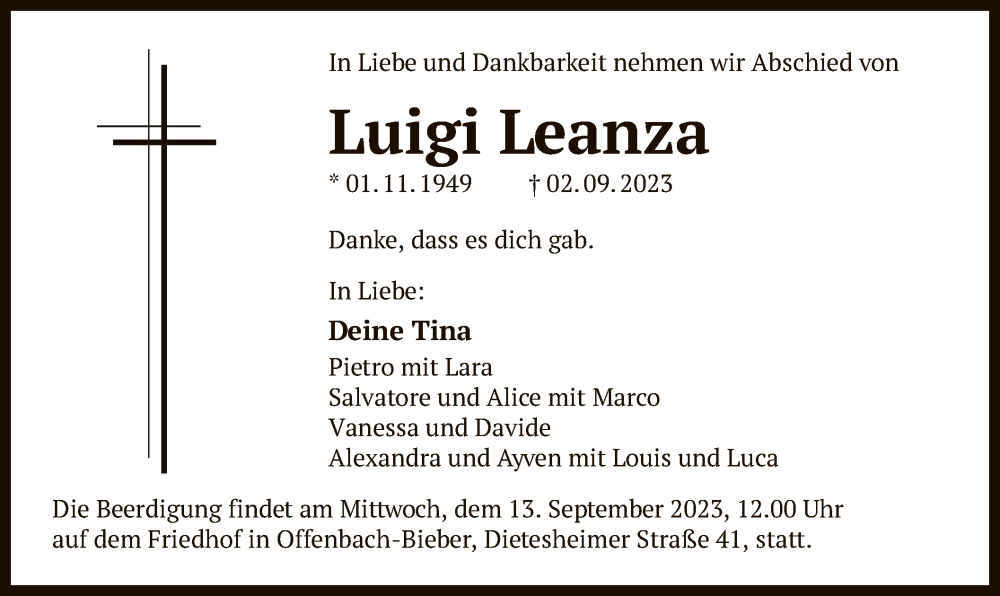  Traueranzeige für Luigi Leanza vom 09.09.2023 aus OF