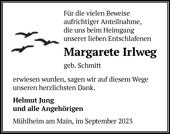 Traueranzeige von Margarete Irlweg von OF