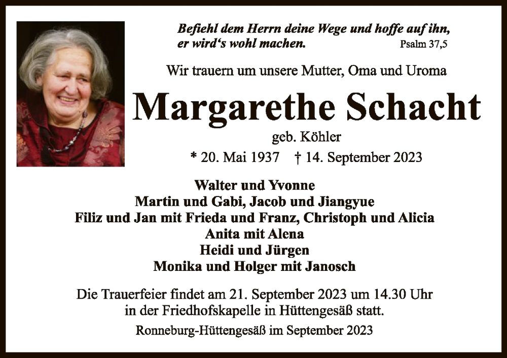  Traueranzeige für Margarethe Schacht vom 16.09.2023 aus OF