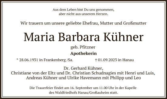 Traueranzeige von Maria Barbara Kühner von OF