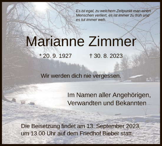 Traueranzeige von Marianne Zimmer von OF