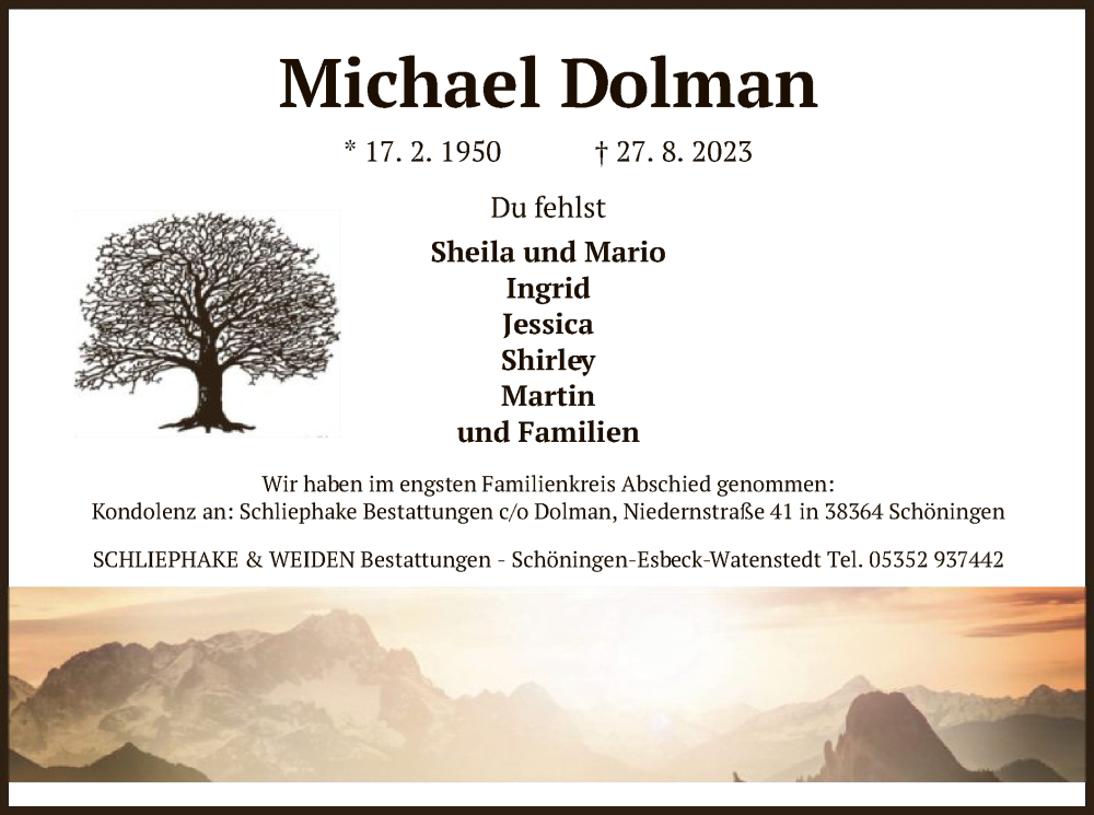  Traueranzeige für Michael Dolman vom 02.09.2023 aus OF