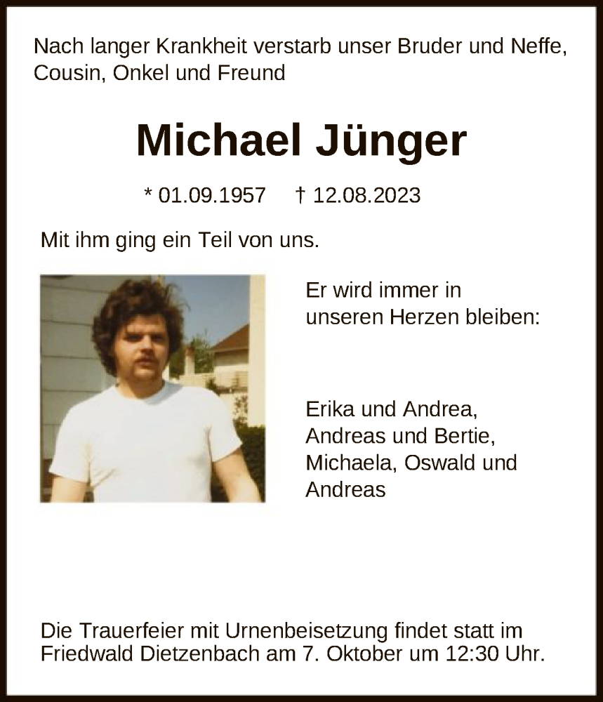  Traueranzeige für Michael Jünger vom 20.09.2023 aus OF