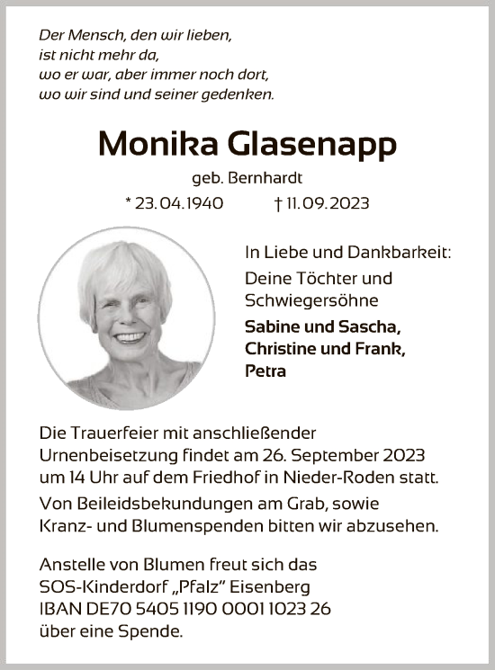 Traueranzeige von Monika Glasenapp von OF