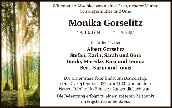 Traueranzeige von Monika Gorselitz von OF