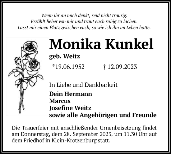 Traueranzeige von Monika Kunkel von OF