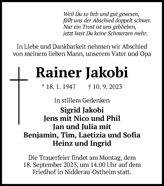 Traueranzeige von Rainer Jakobi von OF