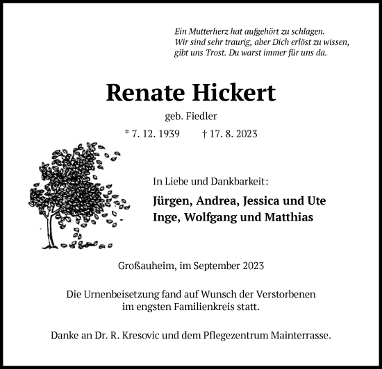 Traueranzeige von Renate Hickert von OF