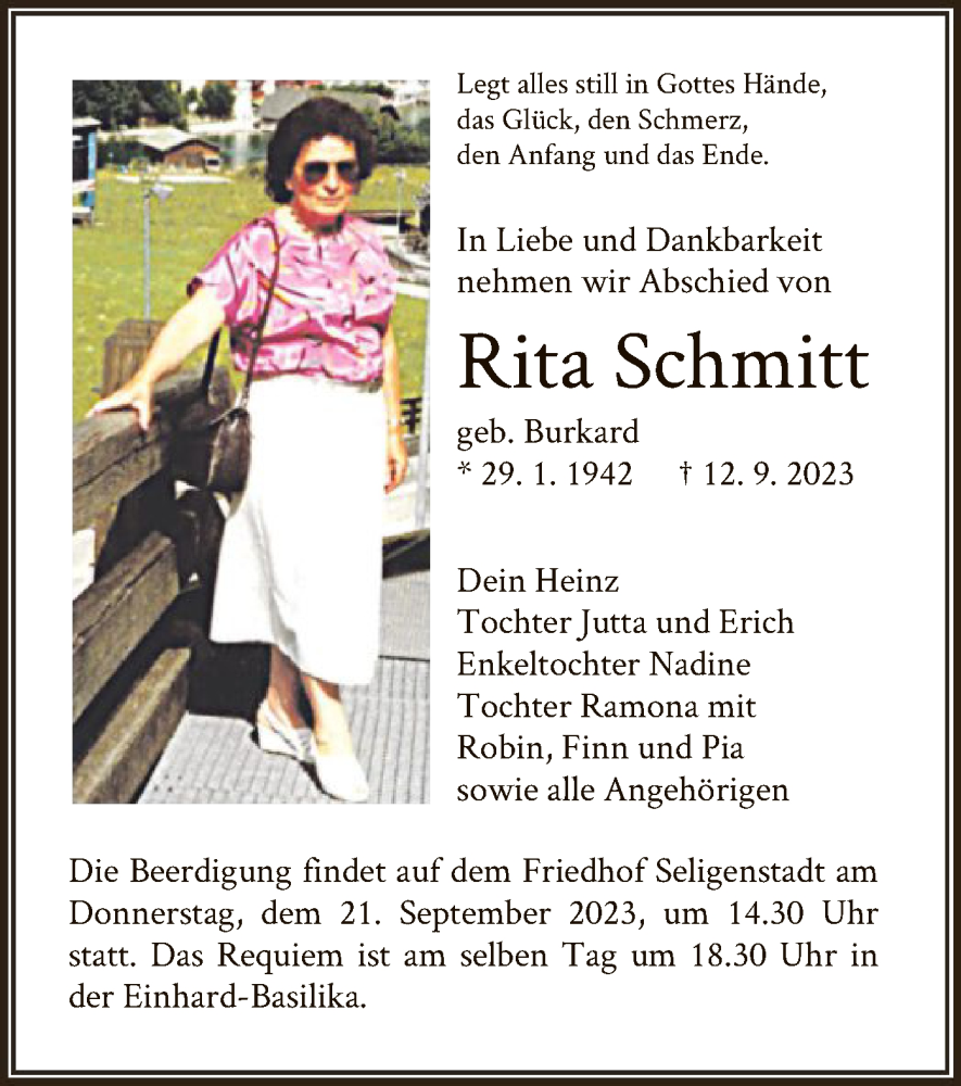  Traueranzeige für Rita Schmitt vom 20.09.2023 aus OF