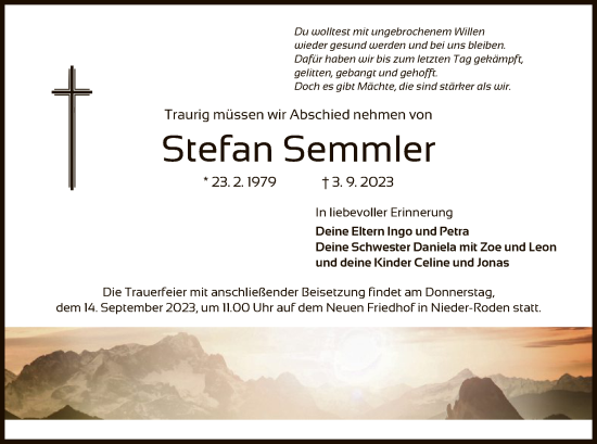 Traueranzeige von Stefan Semmler von OF