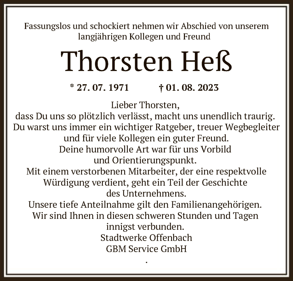  Traueranzeige für Thorsten Heß vom 01.09.2023 aus OF