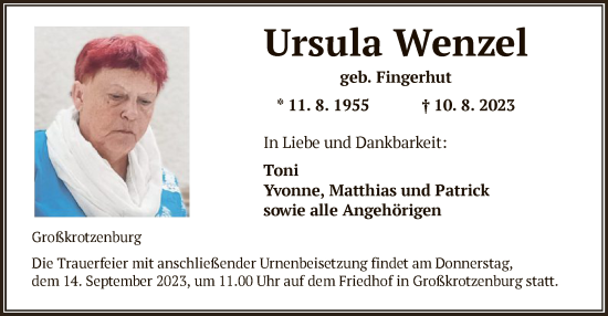 Traueranzeige von Ursula Wenzel von OFOF