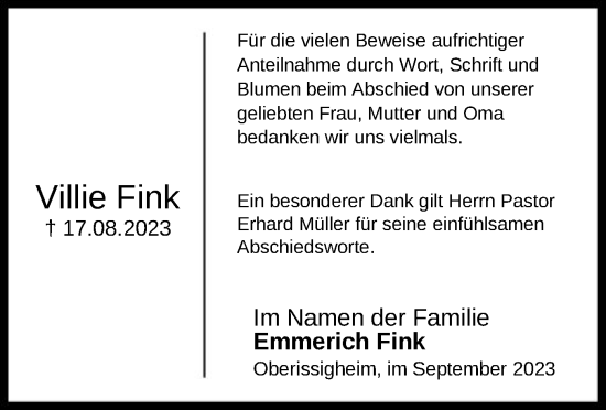 Traueranzeige von Villie Fink von OF