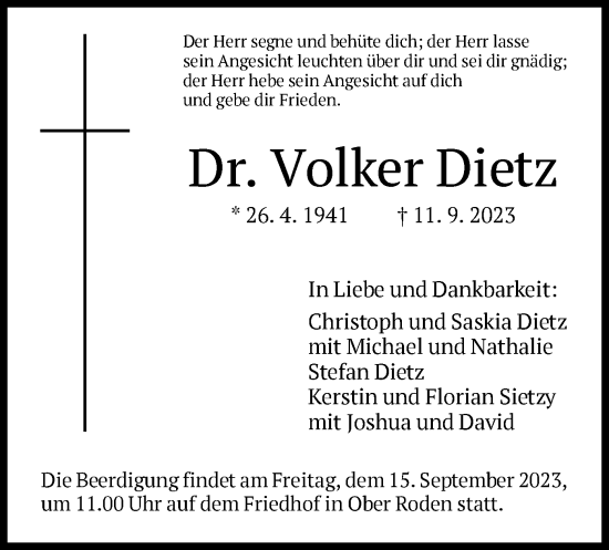 Traueranzeige von Volker Dietz von OF