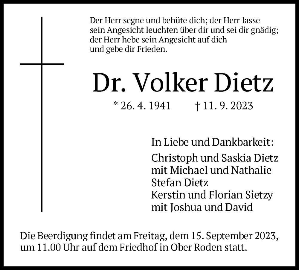  Traueranzeige für Volker Dietz vom 13.09.2023 aus OF