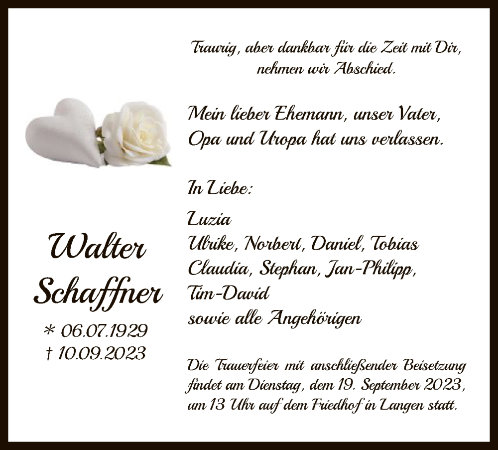  Traueranzeige für Walter Schaffner vom 16.09.2023 aus OF