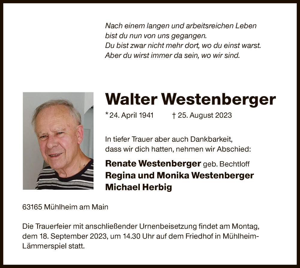  Traueranzeige für Walter Westenberger vom 09.09.2023 aus OF