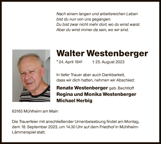 Traueranzeige von Walter Westenberger von OF