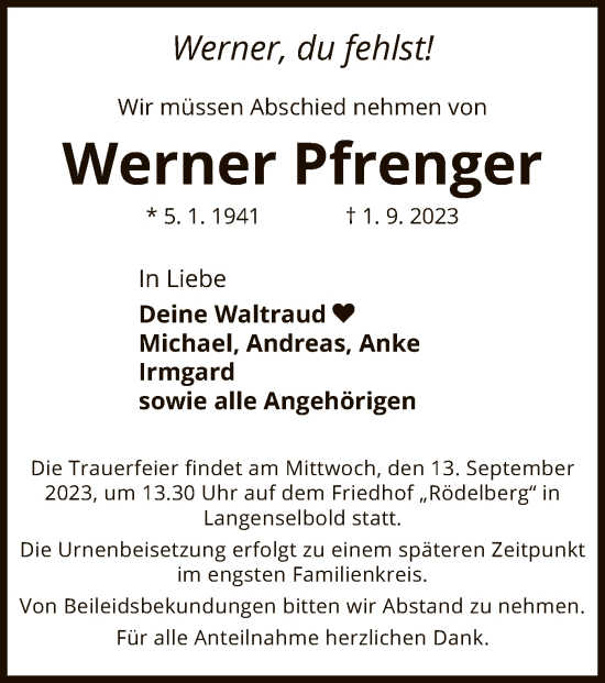 Traueranzeige von Werner Pfrenger von OF