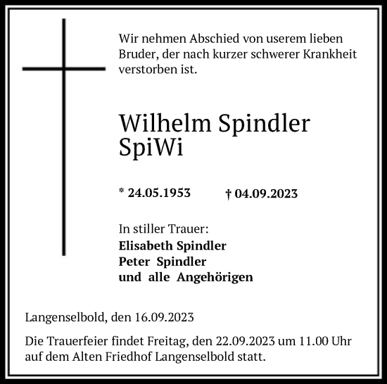 Traueranzeige von Wilhelm Spindler von OF