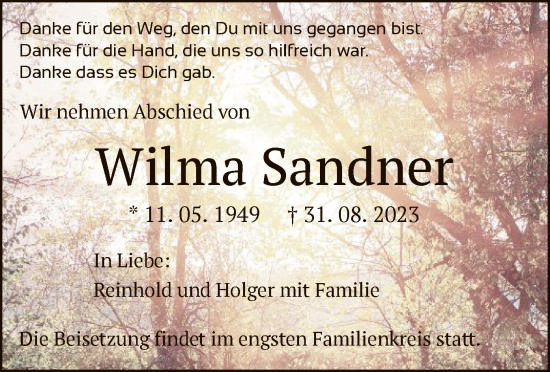 Traueranzeige von Wilma Sandner von OF