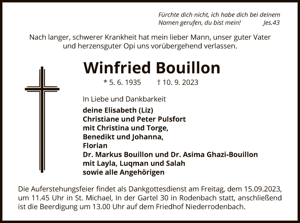  Traueranzeige für Winfried Bouillon vom 13.09.2023 aus OF