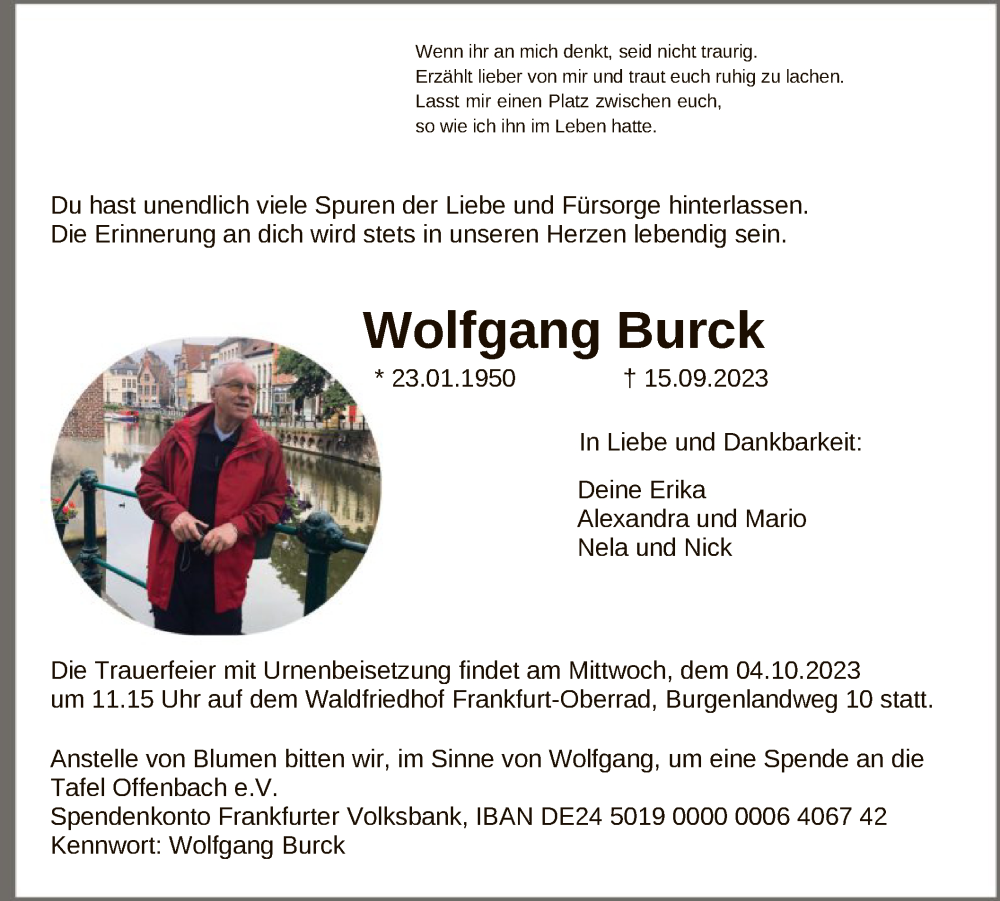  Traueranzeige für Wolfgang Burck vom 23.09.2023 aus OF