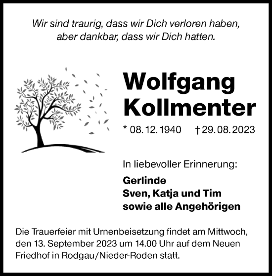 Traueranzeige von Wolfgang Kollmenter von OF